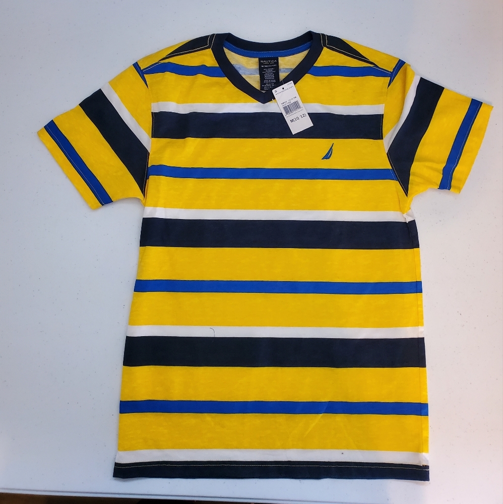 NAUTICA BOYS SHIRT SZ MED/ 10/12. NWT. YELLOW BLUE WHITE STRIPES.